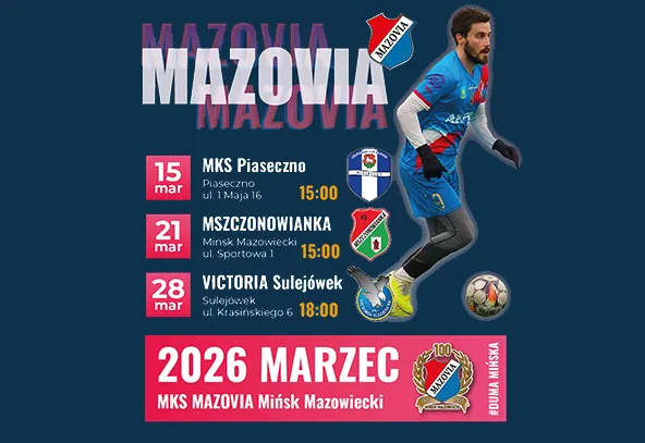 Granatowe tło z dużym jasnym napisem nazwy klubu u góry. Po prawej stronie zawodnik w niebieskim stroju prowadzi piłkę. Po lewej trzy poziome bloki z wyróżnionymi datami i herbami przeciwników informują o marcowych meczach. U dołu różowy pas z logo klubu i informacją o miesiącu i roku.