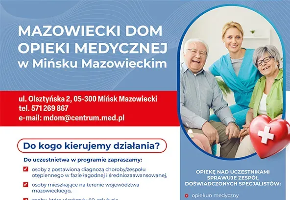 Niebieskie tło. Po lewej czerwony pasek z informacjami kontaktowymi i duży nagłówek. Po prawej okrągłe zdjęcie opiekunki w turkusowym uniformie stojącej za dwojgiem starszych osób, ktore siedzą. Obok czerwone serce z białym krzyżem. Poniżej bloki tekstu informacyjnego.