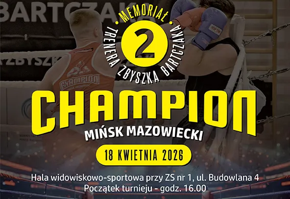 Dwie pięściarze walczą w ringu, jeden trafia przeciwnika ciosem. Centralnie umieszczony duży żółty tytułowy napis na ciemnym tle oraz okrągłe logo z numerem. Na dole widoczny pasek informacyjny z datą i lokalizacją wydarzenia. Plakat ma sportowy, promocyjny charakter wewnątrz hali.