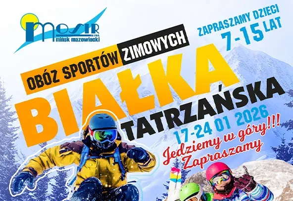Tło z motywem śniegu i płatków śniegu. Zdjęcie dziecka na snowboardzie w żółtej kurtce i trójki dzieci w kolorowych kaskach bawiących się na śniegu. Naokoło informacje dotyczące wydarzenia