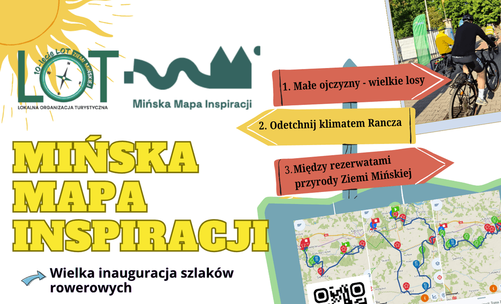 Biała plansza z żółtym rysunkiem słońca w lewym górnym rogu i dwoma logo obok siebie. Duży żółty nagłówek po lewej, trzy strzałkowe tablice w czerwieni i żółci po prawej. W prawym górnym rogu fragment zdjęcia rowerzystów, u dołu fragment mapy z trasami i kod QR.