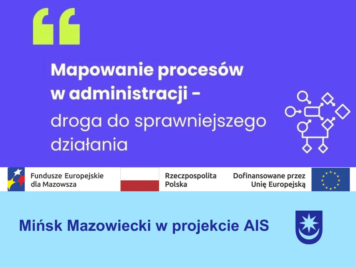 Fioletowe tło z dużym zielonym symbolem cudzysłowu w lewym górnym rogu. Po prawej stronie biały schemat blokowy ikon przedstawiający procesy. Pomiędzy pasami tła biały pasek z kilkoma kolorowymi logotypami i flagą Polski oraz Unii Europejskiej. Dolna część jasnoniebieska z ciemnoniebieskim herbem po prawej.