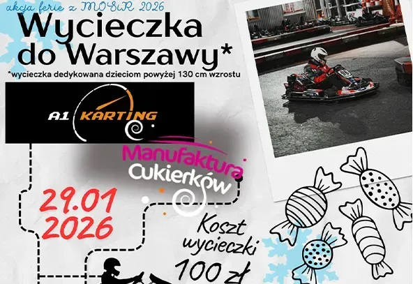  Tło szare z niebieskimi śnieżynkami i rysunkami cukierków. Logo MOSiR na dole plakatu. W górnym prawym rogu zdjęcie dziecka w gokarcie oraz zdjęcie produkcji cukierków. Naokoło informacje dotyczące wydarzenia