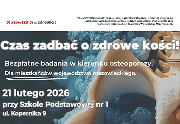 Stylizowana kremowo-złota kość i fragment kręgosłupa zajmują prawą część obrazu. Tło ma ciemnoniebieskie i turkusowe, ziarniste struktury przypominające mikroskopijne formy. W lewym górnym rogu widoczny czerwony logotyp. Projekt ma układ plakatu z dużym nagłówkiem i kilkoma blokami tekstu po lewej stronie.