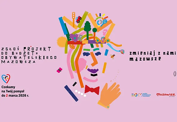 Kolorowa stylizowana twarz złożona z geometrycznych kształtów na jasnoróżowym tle. Korona z elementów miejskich i przyrodniczych (drzewo, słońce, samochód, budynki, serce) nad głową. Ręka z wyciągniętymi palcami po prawej stronie twarzy. Małe motylki i kolorowe kreski wokół twarzy. Dwa niewielkie logotypy w dolnych rogach obrazu.