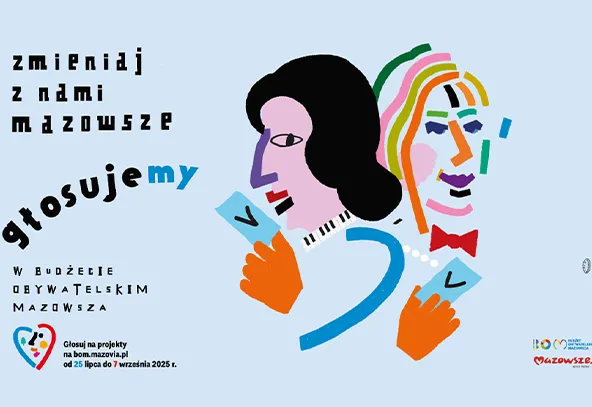 Kolorowa grafika z dwoma stylizowanymi postaciami trzymającymi karty do głosowania oraz tekstem zachęcającym do głosowania w Budżecie Obywatelskim Mazowsza.