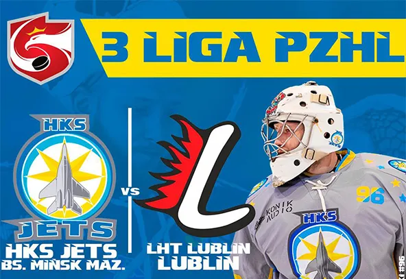 Plakat sportowy na niebieskim tle. U góry biegnie żółty pas z dużym niebieskim napisem ligowym. Po lewej jest okrągły herb z sylwetką samolotu na tle żółtej gwiazdy. Pośrodku stoi stylizowana czarno-biała litera otoczona czerwonymi płomieniami. Po prawej stoi bramkarz hokejowy w szarym stroju i białej masce patrzący w prawo.