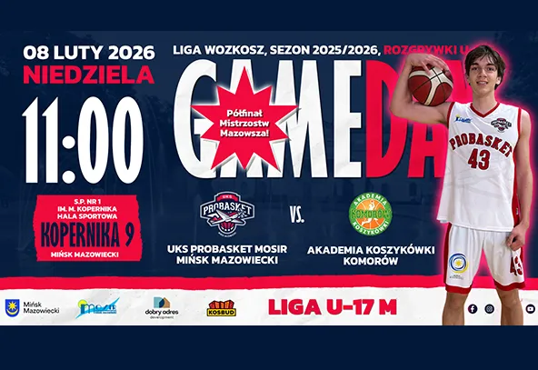 Grafika na ciemnoniebieskim tle z dużymi, kontrastowymi napisami. Po prawej stoi młody koszykarz w białym stroju z piłką przy barku. W centrum duży biało-czerwony emblemat w kształcie gwiazdy i napisu. U dołu rząd małych logotypów sponsorów i informacja o kategorii ligi.