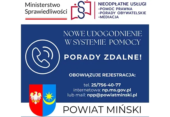 Logo Ministerstwa Sprawiedliwości na białym tle, obok napis o nieodpłatnych usługach – pomoc prawna, porady obywatelskie, mediacja. Na niebieskim tle informacja o nowym udogodnieniu w systemie pomocy  Na dole herb niebiesko-czerwony
