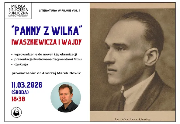 Plakat informacyjny podzielony na dwie części. Lewa strona ma białe tło z kilkoma kolorowymi nagłówkami, punktami i małym okrągłym zdjęciem mężczyzny. W lewym górnym rogu znajduje się logo biblioteki. Prawa strona zawiera sepiowy profilowy portret mężczyzny zwróconego w prawo na kremowym tle. Data i godzina wydarzenia wyróżnione kolorami na dole lewej części.