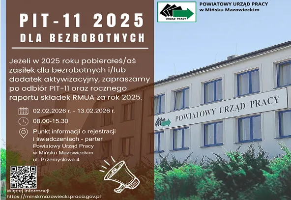 Po prawej budynek z napisem "Powiatowy Urząd Pracy" i logo urzędu na niebieskim niebie. Po lewej stronie tekst na brązowym tle.