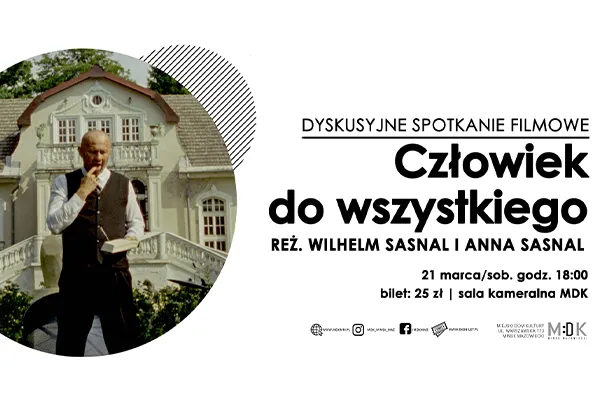 Mężczyzna w kamizelce trzyma książkę i dotyka brody stojąc przed dużą białą willą w świetle dziennym, ujęcie w okrągłym kadrze po lewej stronie. Po prawej stronie jasne tło z dużą czarną typografią i informacjami o wydarzeniu.