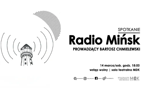 Po lewej stronie szkic latarni morskiej. Latarnia emituje koncentryczne fale radiowe. Po prawej stronie duża czysta przestrzeń z grubym czarnym nagłówkiem i mniejszymi liniami tekstu poniżej. Tło białe, grafika czarno-biała.