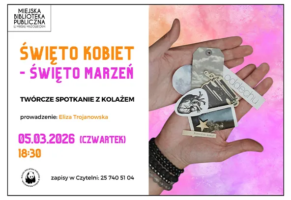 Po lewej stronie biały panel z logo biblioteki i kolorowymi nagłówkami. Po prawej stronie dwie dłonie trzymają małą kolażową kompozycję z wyciętymi obrazkami i tagiem na różowym, akwarelowym tle. Całość ma poziomy układ plakatu z kontrastem białego panelu i różowego tła.