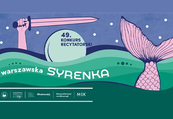 Ręka trzymająca różowy miecz po lewej stronie. Faliste zielone wzgórza przebiegające przez środek obrazu. Ogon syreny w odcieniach różu wychodzący po prawej stronie. Niebieskie nocne niebo z małymi białymi gwiazdami. Jasny okrągły element częściowo zasłonięty przez fale.