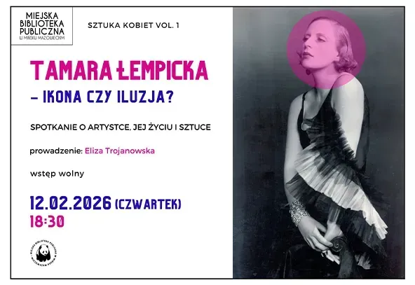 Po prawej czarno-białe zdjęcie kobiety siedzącej w profilu na ciemnym tle. na głowie namalowane fioletowe koło. Po lewej na białym tle informacje o spotkaniu.