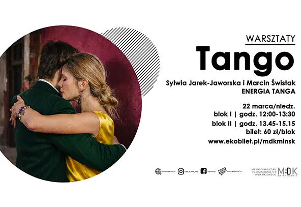 Para tańczy tango w okrągłym kadrze po lewej. Kobieta w żółtej sukience obejmuje mężczyznę w ciemnej marynarce. Wnętrze z bordowym tłem za nimi. Po prawej białe tło z blokiem czarnego tekstu informacyjnego i małymi ikonami u dołu.