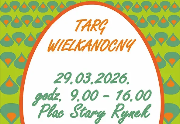 Tło zielone z niebiesko-pomarańczowym wzorem kropli. Po środku grafika górnej części jajka z pomarańczową obwódką, środek biały wypełniony treścią.