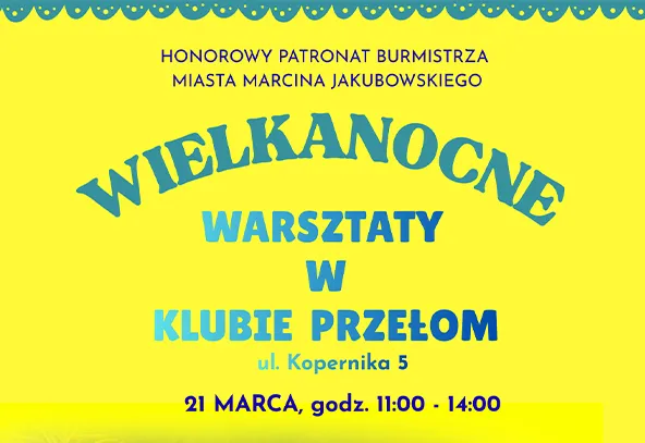 Żółte tło z niebieską falowaną dekoracją u góry. Na środku duży niebieski tytuł wypukłą czcionką ułożony w półokręgu. Poniżej kilka rzędów informacji w różnych odcieniach niebieskiego, wyrównanych do środka. U dołu ciemniejszy pas z kontrastującym tekstem.