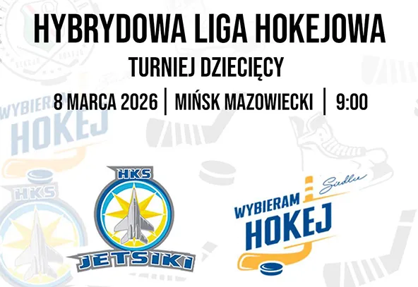 Jasne tło z dużym czarnym nagłówkiem na górze i mniejszym podtytułem pod nim. Poniżej trzy pola z datą, miejscem i godziną. Na dole po lewej okrągłe logo z odrzutowcem na żółto-niebieskim tle. Po prawej niebiesko-pomarańczowe logo z krążkiem i stylizowaną łyżwą. W tle rozmyte grafiki krążków i łyżew.