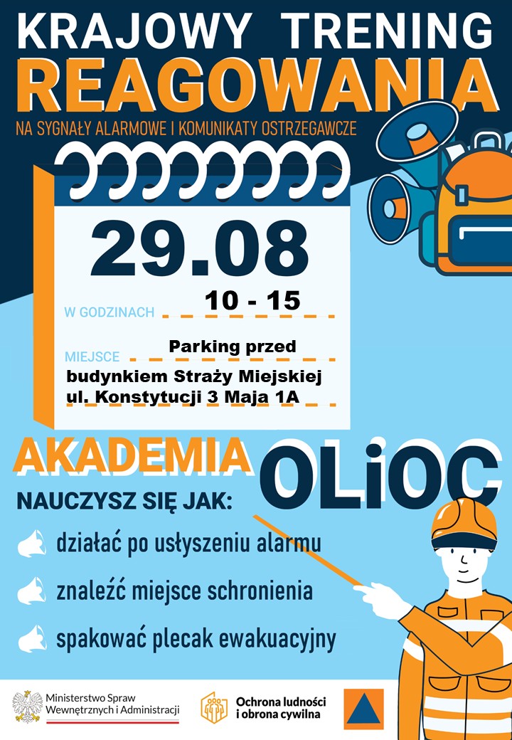 Informacyjny plakat w kolorach granatowo‑pomarańczowych.  
Centralnie duża karta z białą stroną i spiralą.  
Po prawej ikony megafonu i plecaka ratunkowego.  
Po prawej u dołu rysowana osoba w pomarańczowym ubraniu ochronnym wskazująca wskaźnikiem.  
Po lewej lista trzech punktów z małymi ikonami megafonu.  
Na dole pasek z kilkoma logotypami instytucji.