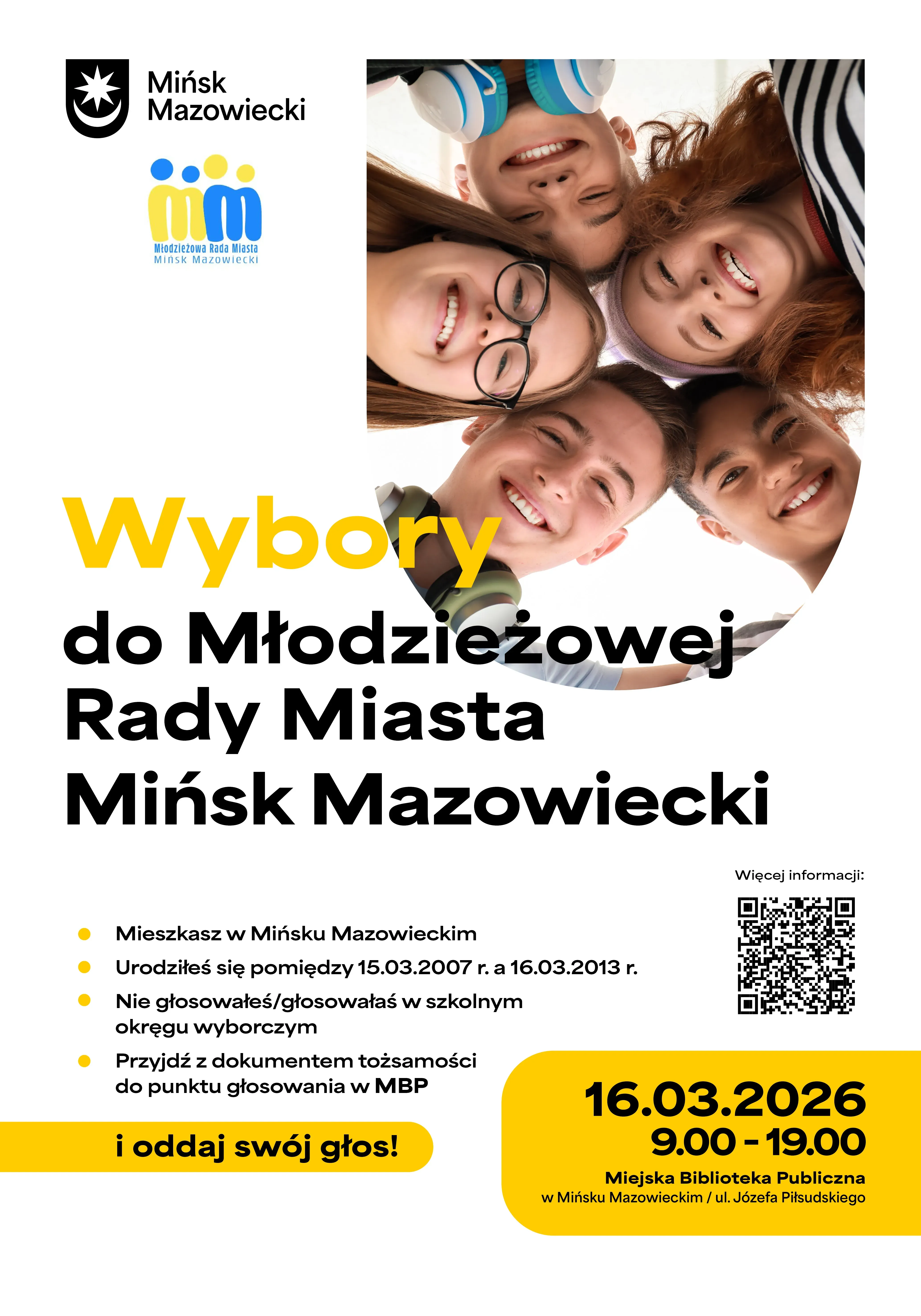 Na górze po prawej zdjęcie uśmiechniętych młodych osób stojących w okręgu.  Poniżej, na białym tle informacje tekstowe. 