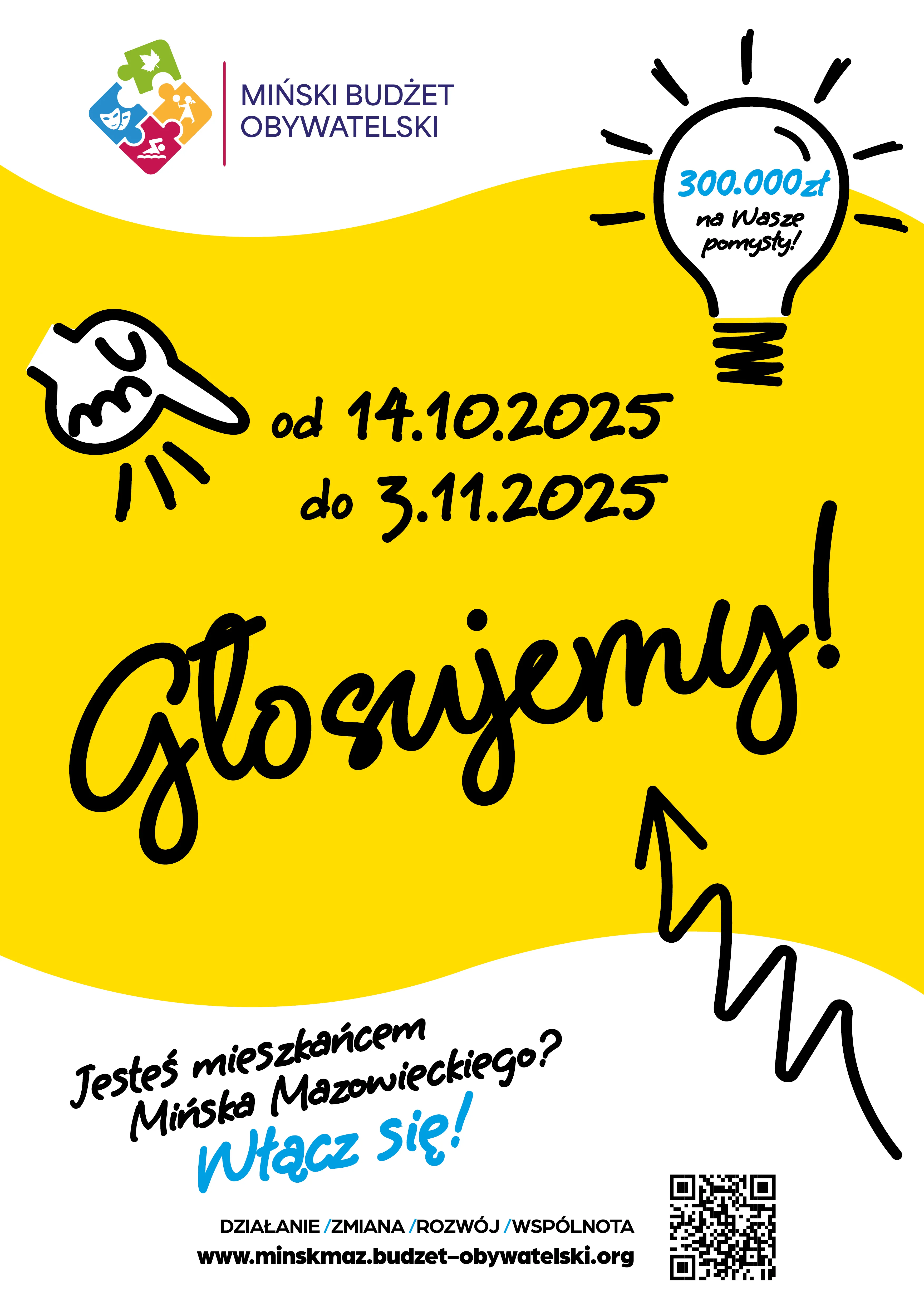 Informacja o głosowaniu w Mińskim Budżecie Obywatelskim od 14 października do 3 listopada 2025 roku wraz z zaproszeniem dla mieszkańców Mińska Mazowieckiego do udziału oraz kwotą 300 000 zł na pomysły.