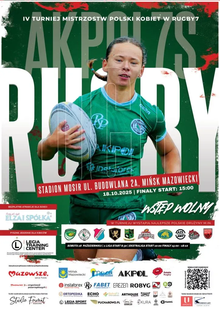 Kobieta w zielonym stroju sportowym trzyma piłkę do rugby na tle zielono-czerwonej grafiki z dużym napisem „Rugby”. Informacje o IV Turnieju Mistrzostw Polski Kobiet w Rugby7, data 18.10.2025, miejsce stadion MOSiR w Mińsku Mazowieckim, godzina finałów 15:00. Logotypy sponsorów i drużyn poniżej.