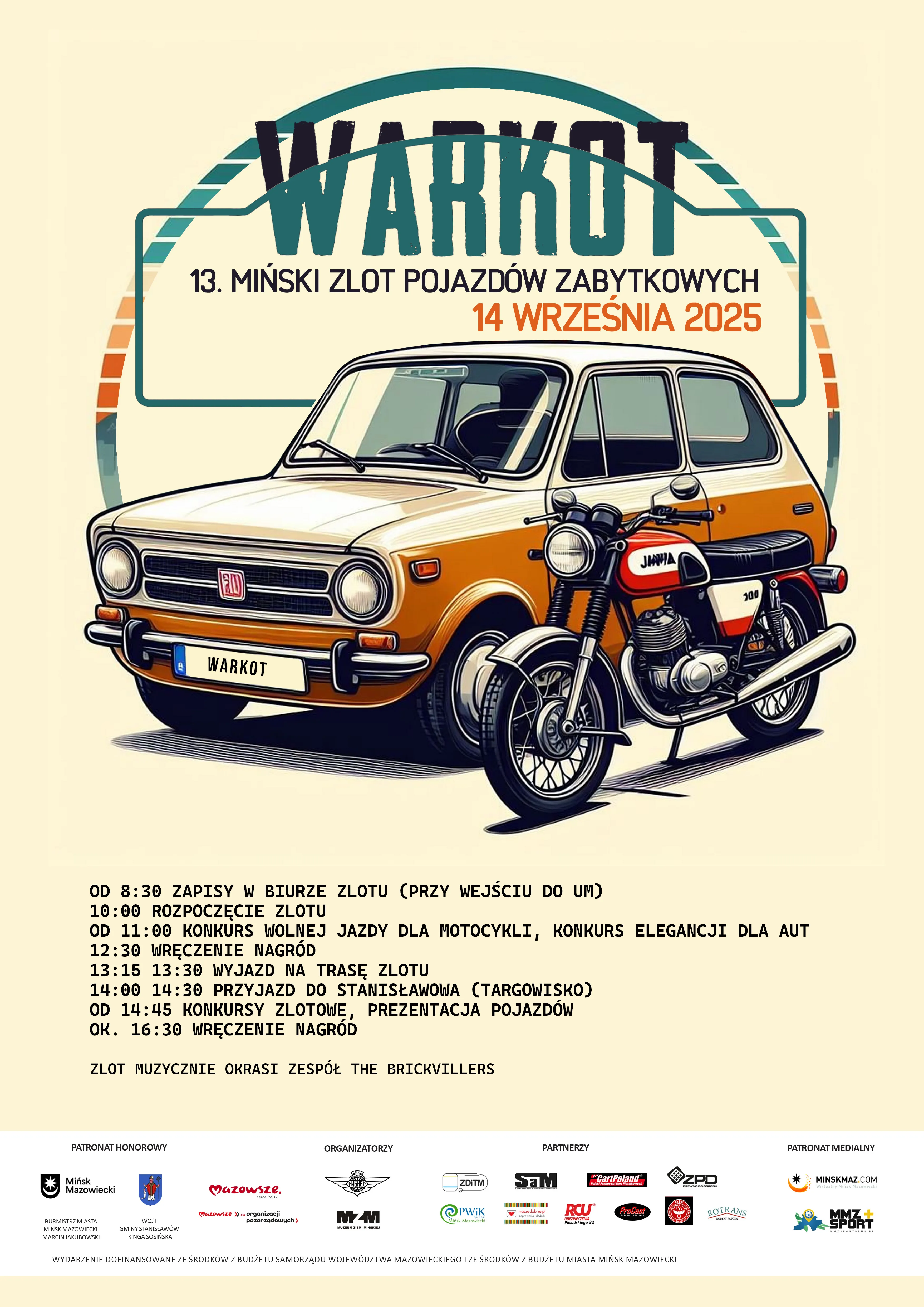 Plakat reklamujący 13. Miński Zlot Pojazdów Zabytkowych WARKOT 14 września 2025, z ilustracją zabytkowego samochodu i motocykla oraz programem wydarzenia i logotypami partnerów.