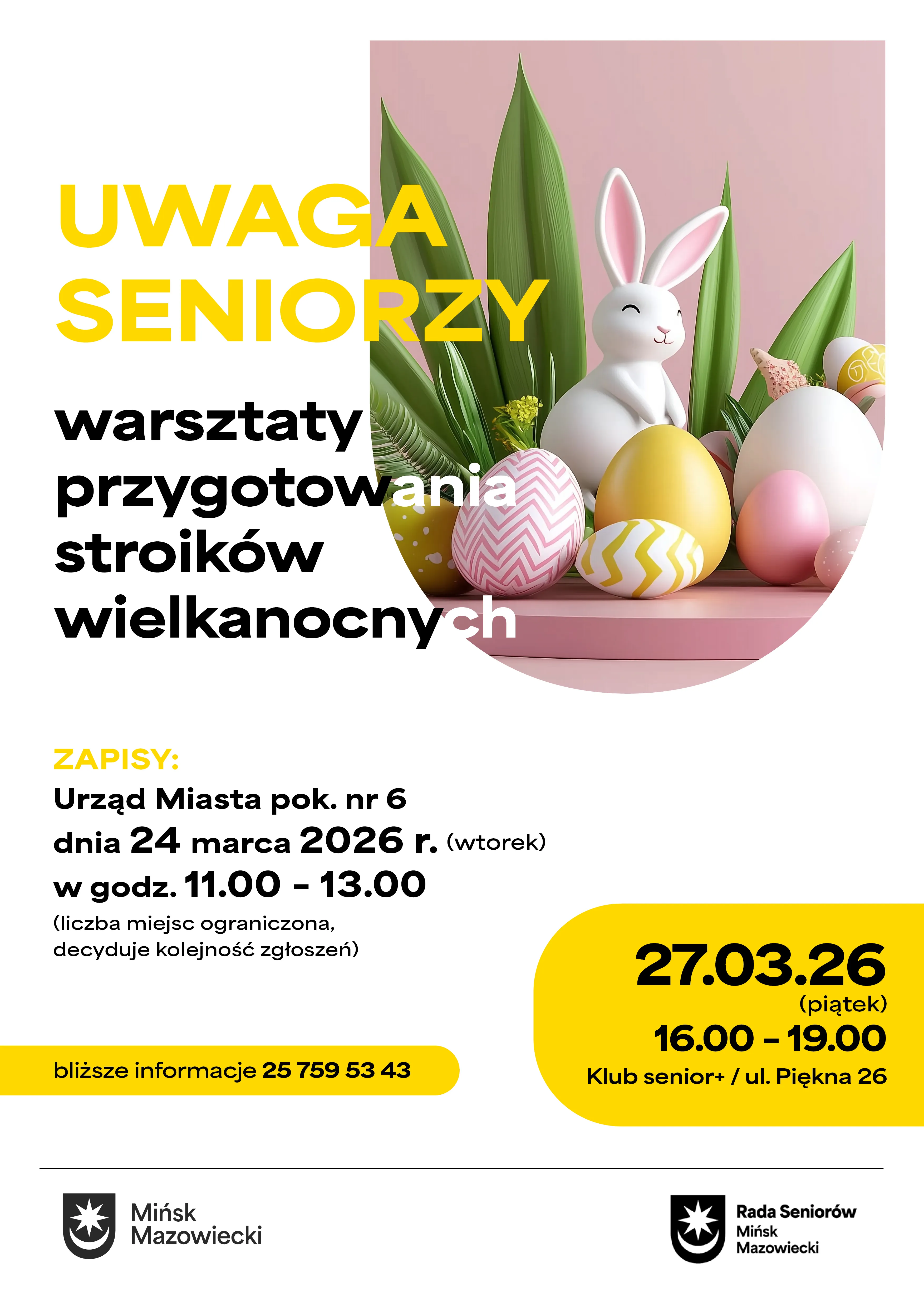 Biała figurka królika z różowymi uszami stoi po prawej na pastelowo różowym tle. Przy niej leżą kolorowe pisanki w żółtych, różowych i białych wzorach oraz zielone liście. Kompozycja ma okrągły kadr po prawej i dużą białą przestrzeń po lewej.