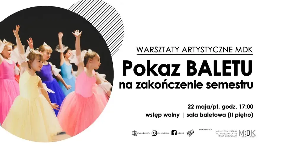 Po lewej stronie w okrągłym kadrze grupa kilku małych dziewczynek w kolorowych baletowych sukienkach (żółta, różowa, niebieska) tańczy na scenie. Po prawej jasne tło z czarnymi blokami tekstu i drobnymi ikonami informacyjnymi.