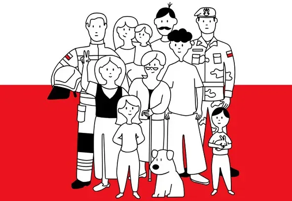 Grupa ośmiu osób i psa stoi na tle flagi Polski. Są wsrod nich strażak, żołnierz, dziecko z zabawką oraz osoby w różnych pozach i ubraniach.