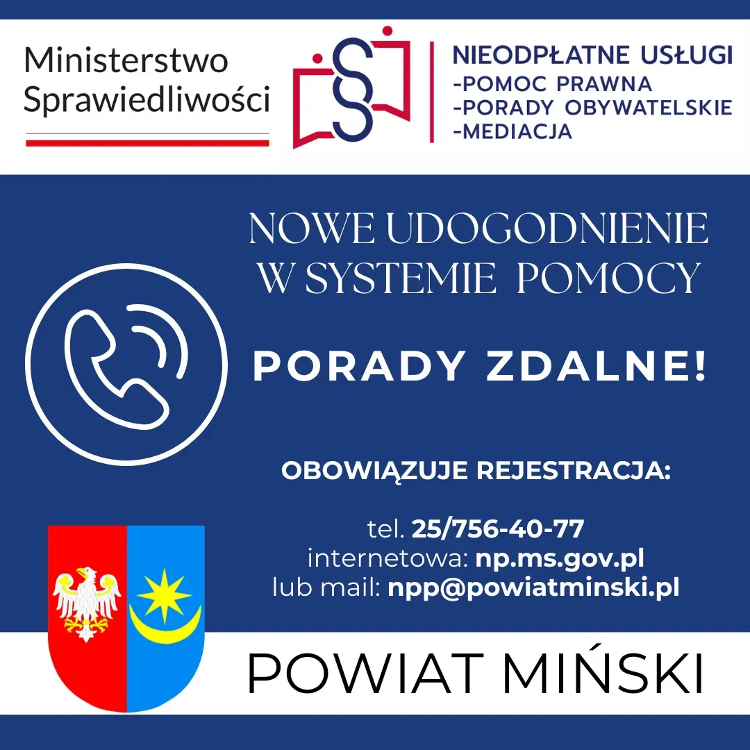 Logo Ministerstwa Sprawiedliwości na białym tle, obok napis o nieodpłatnych usługach – pomoc prawna, porady obywatelskie, mediacja. Na niebieskim tle informacja o nowym udogodnieniu w systemie pomocy  Na dole herb niebiesko-czerwony