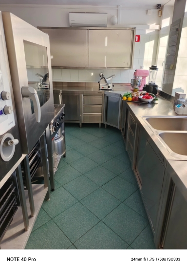 Profesjonalna kuchnia ze stalowymi blatami i szafkami. Zielona kafelkowa podłoga i piec po lewej stronie. Na prawym blacie stoi robot kuchenny, blender i taca z warzywami. Okno wpuszcza dzienne światło.