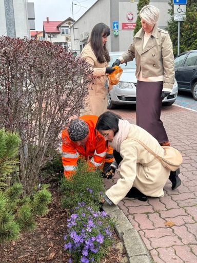 Cztery osoby sadzą rośliny i kwiaty w przyulicznym klombie obok chodnika. Trzy kobiety stoją i przykucają, jedna osoba w pomarańczowym ubraniu roboczym przykuca przy ziemi. Tło tworzą zaparkowane samochody i budynki miejskie.