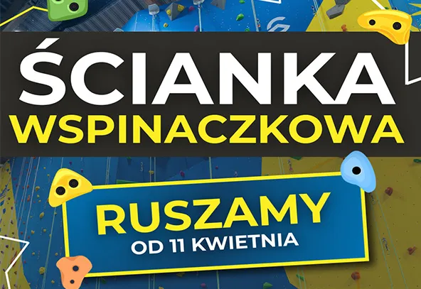 Plakat reklamowy pokazuje fragment kolorowej ścianki wspinaczkowej w tle. Na czarnym pasku znajduje się duży biało-żółty napis, a na niebieskim prostokącie z żółtą ramką widoczny jest dodatkowy żółty napis; wokół są rozmieszczone kolorowe chwyty wspinaczkowe.