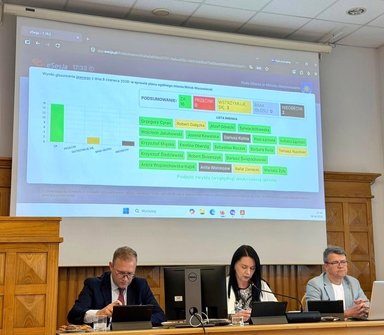 Trzy osoby siedzą przy stole w sali obrad, przed nimi laptopy i mikrofony. Na dużym białym ekranie z przodu sali wyświetlony wynik głosowania w formie kolorowych prostokątów i wykresu. Za stołem widoczne drewniane panele ścienne.