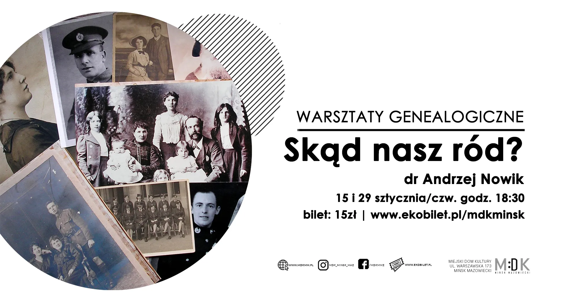 Kolaż starych czarno-białych i sepia zdjęć rodzinnych ułożonych w okrąg po lewej stronie na białym tle, po prawej tekście informacji o warsztatach genealogicznych z datami, godziną, ceną biletu i linkiem do strony.