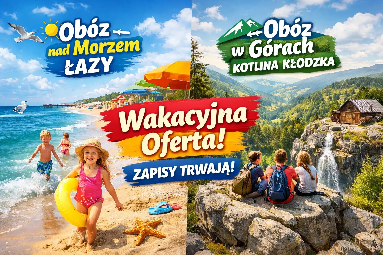 Po lewej plaża nad morzem z błękitnym niebem, kolorowymi parasolami, mewami i trzema dziećmi bawiącymi się w wodzie i piasku. Po prawej górski krajobraz z dolinami, wodospadem i trzema młodymi osobami w plecakach siedzącymi na skale obok drewnianej chaty.