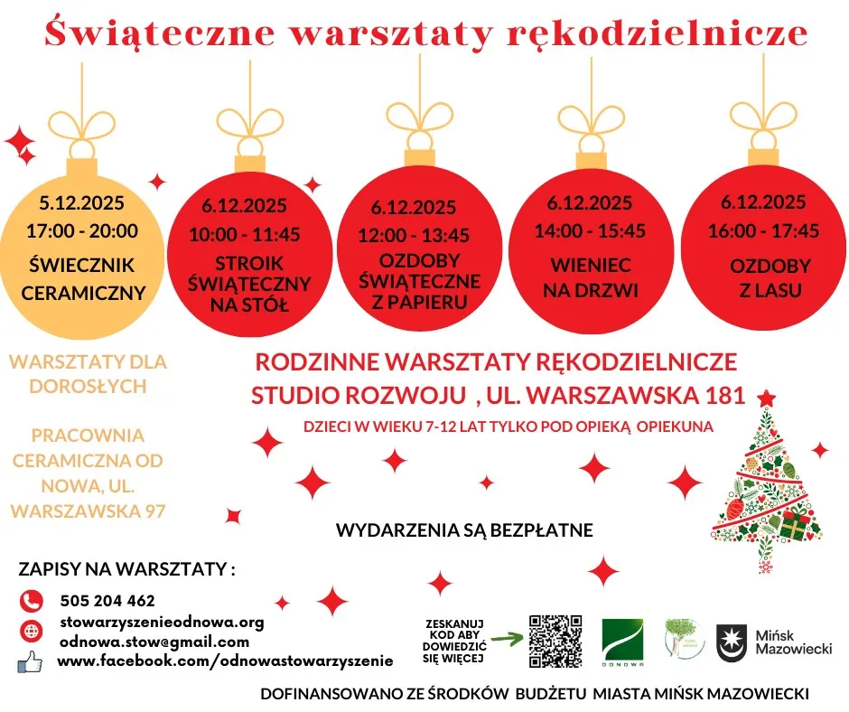 Informacje o świątecznych warsztatach rękodzielniczych z datami i godzinami w ozdobach choinkowych na białym tle, wydarzenia dla dorosłych i rodzin z dziećmi, miejsce warsztatów z adresami, dane kontaktowe i informacje o darmowym udziale oraz logo sponsorów na dole.