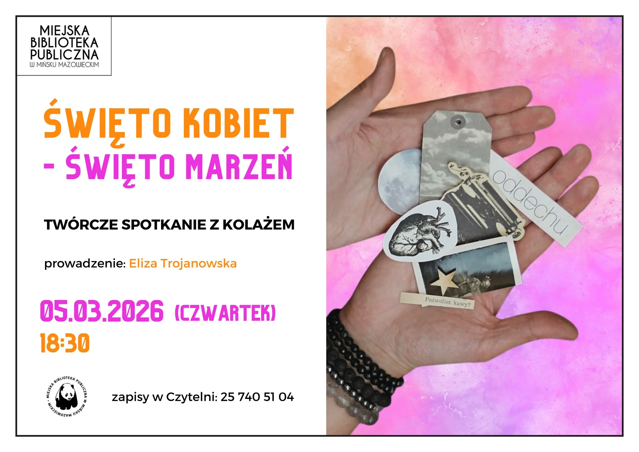 Dwie otwarte dłonie ułożone jedna nad drugą trzymają kolaż z wyciętych papierowych elementów. Kolaż zawiera małe obrazki, tagi i grafikę serca na tle jasnoróżowo-pomarańczowej akwareli. Po lewej stronie karta z białym tłem ma logo biblioteki i czarną ramkę. Tło za dłońmi ma różowe i pomarańczowe plamy przypominające rozmytą farbę.