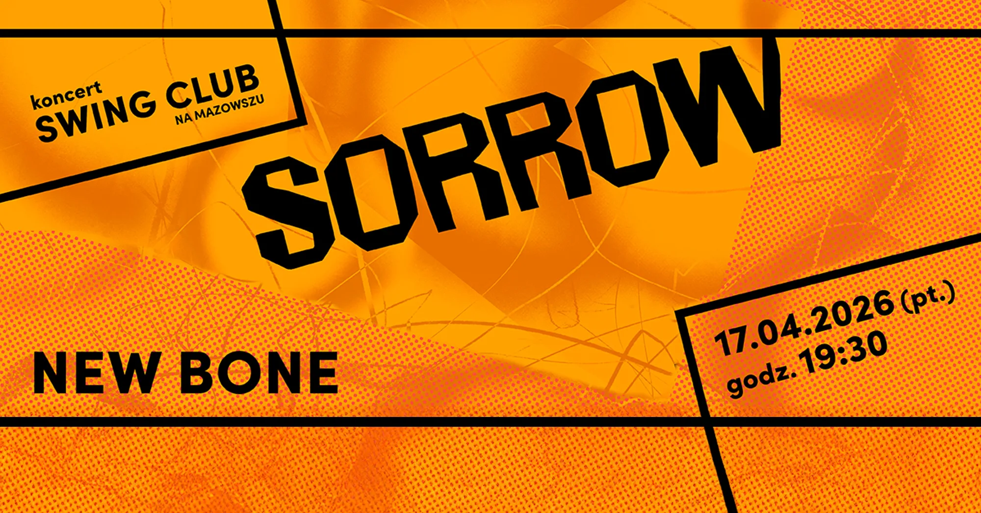 Jaskrawopomarańczowe tło z czerwonawym kropkowaniem i teksturą. Czarny, ukośny, geometryczny duży nagłówek na środku. Mniejsze czarne napisy w lewym górnym i lewym dolnym rogu. W prawym dolnym rogu czarna ramka z pionowym napisem i cyframi. Czarne poziome i ukośne linie dzielą kompozycję.