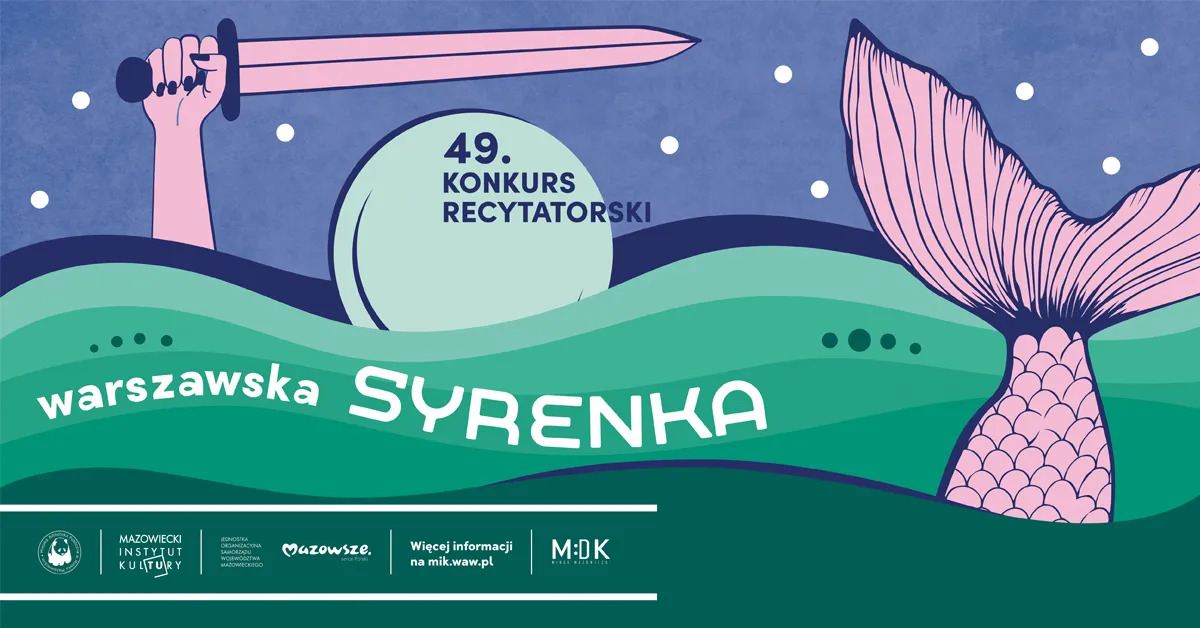 Stylizowana grafika z zielonymi falami na pierwszym planie. Po lewej wystaje różowa ręka z podniesionym mieczem. Po prawej widać różowy ogon syreny unoszący się z wody. W tle fioletowe niebo z białymi kropkami i jasny okrąg przypominający księżyc.