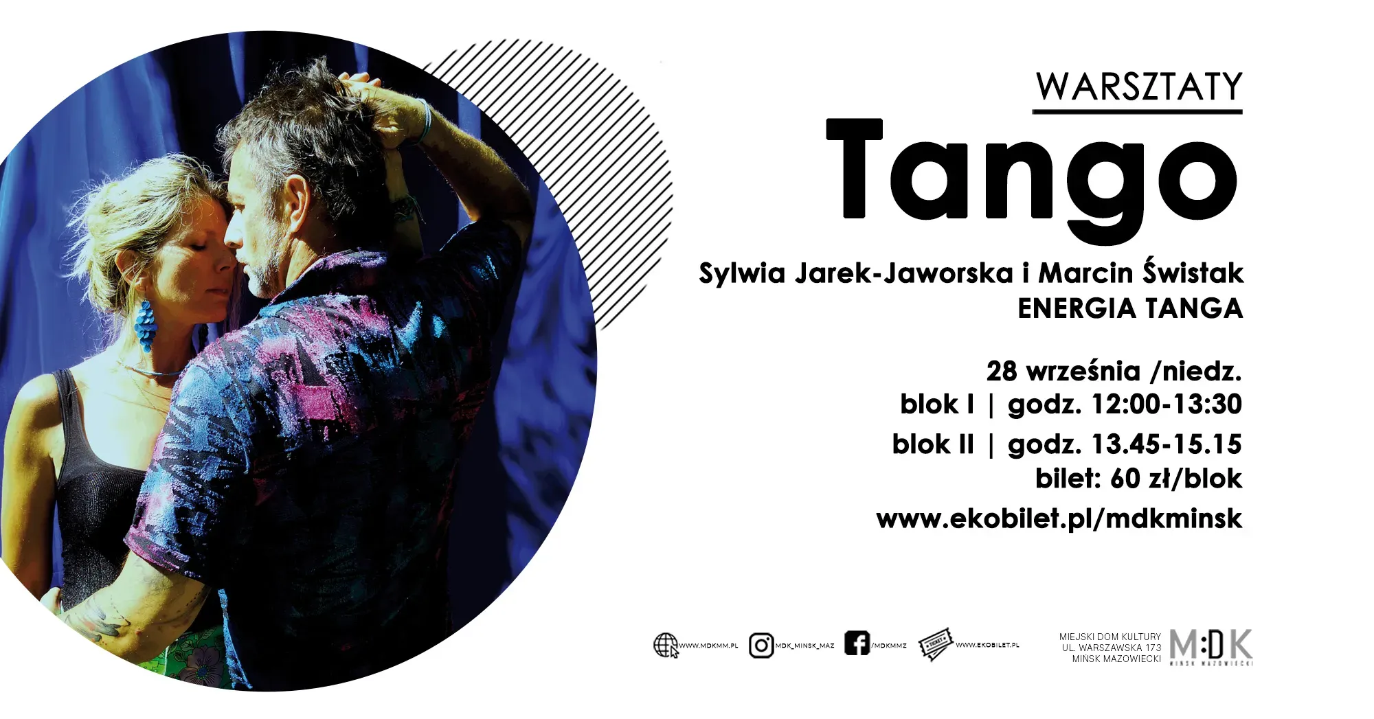 Po lewej w kole para tańczy tango na tle niebieskich zasłon. Po prawej na białym tle informacje o wydarzeniu zawarte w treści