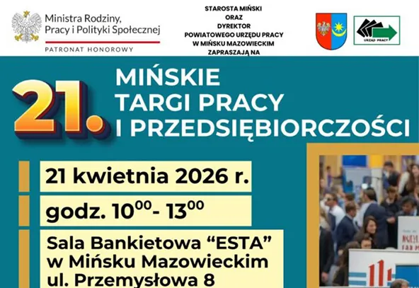 Kolorowy plakat z dużą pomarańczowo-żółtą cyfrą 21 po lewej. Tło turkusowe. U góry trzy logotypy i emblematy. Po prawej małe zdjęcie tłumu osób przy stoiskach targowych. W centrum żółte prostokąty z informacjami o dacie, godzinie i miejscu. Na dole nazwa sali i adres.