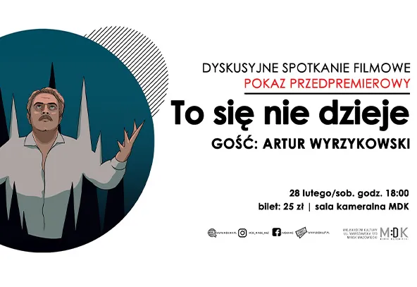 Ilustrowany mężczyzna z uniesionymi rękami stoi w ciemno­zielonym okręgu po lewej stronie. Za nim wystają ostre, czarne, iglicowate kształty. Prawa strona ma białe tło z dużymi czarnymi i czerwonymi napisami oraz informacjami i logotypami u dołu.