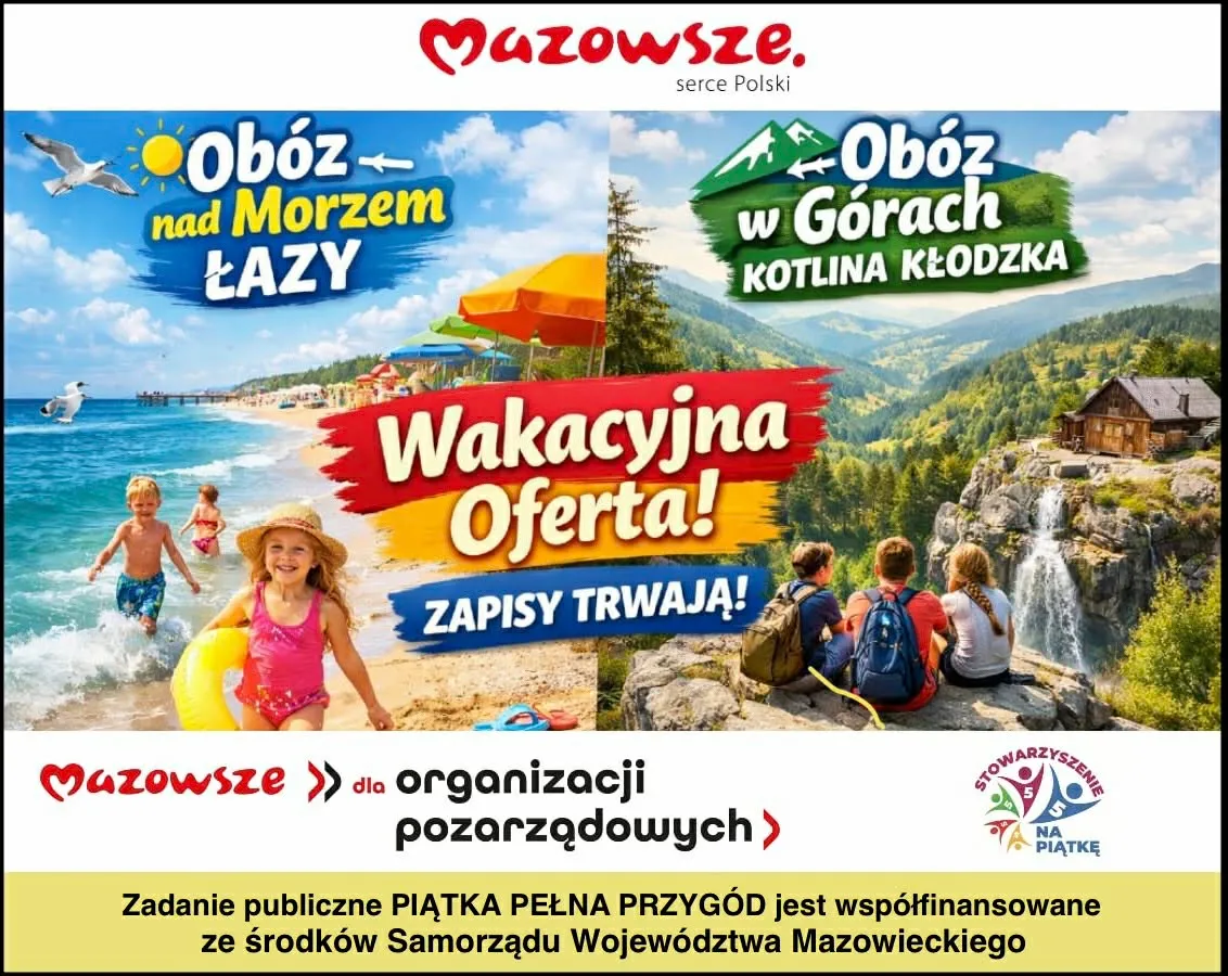 Po lewej plaża nad morzem z błękitnym niebem, kolorowymi parasolami, mewami i trzema dziećmi bawiącymi się w wodzie i piasku. Po prawej górski krajobraz z dolinami, wodospadem i trzema młodymi osobami w plecakach siedzącymi na skale obok drewnianej chaty.