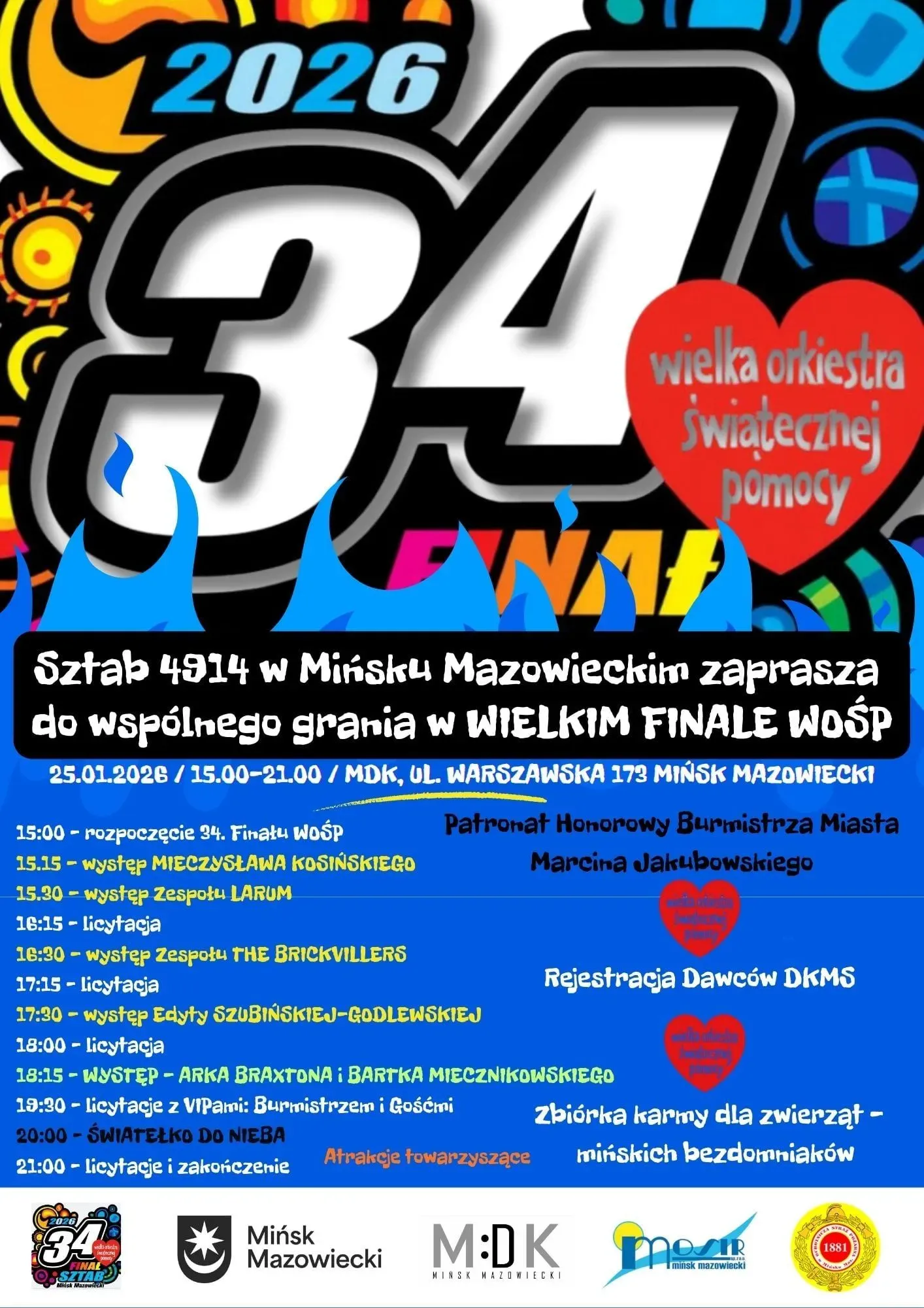 Kolorowa grafika z dużą liczbą 34 i napisem 2026 na górze, obok czerwonego serca z tekstem "wielka orkiestra świątecznej pomocy". Poniżej plan wydarzeń z godzinami i nazwami występów na niebieskim tle. Loga organizatorów na dole grafiki.