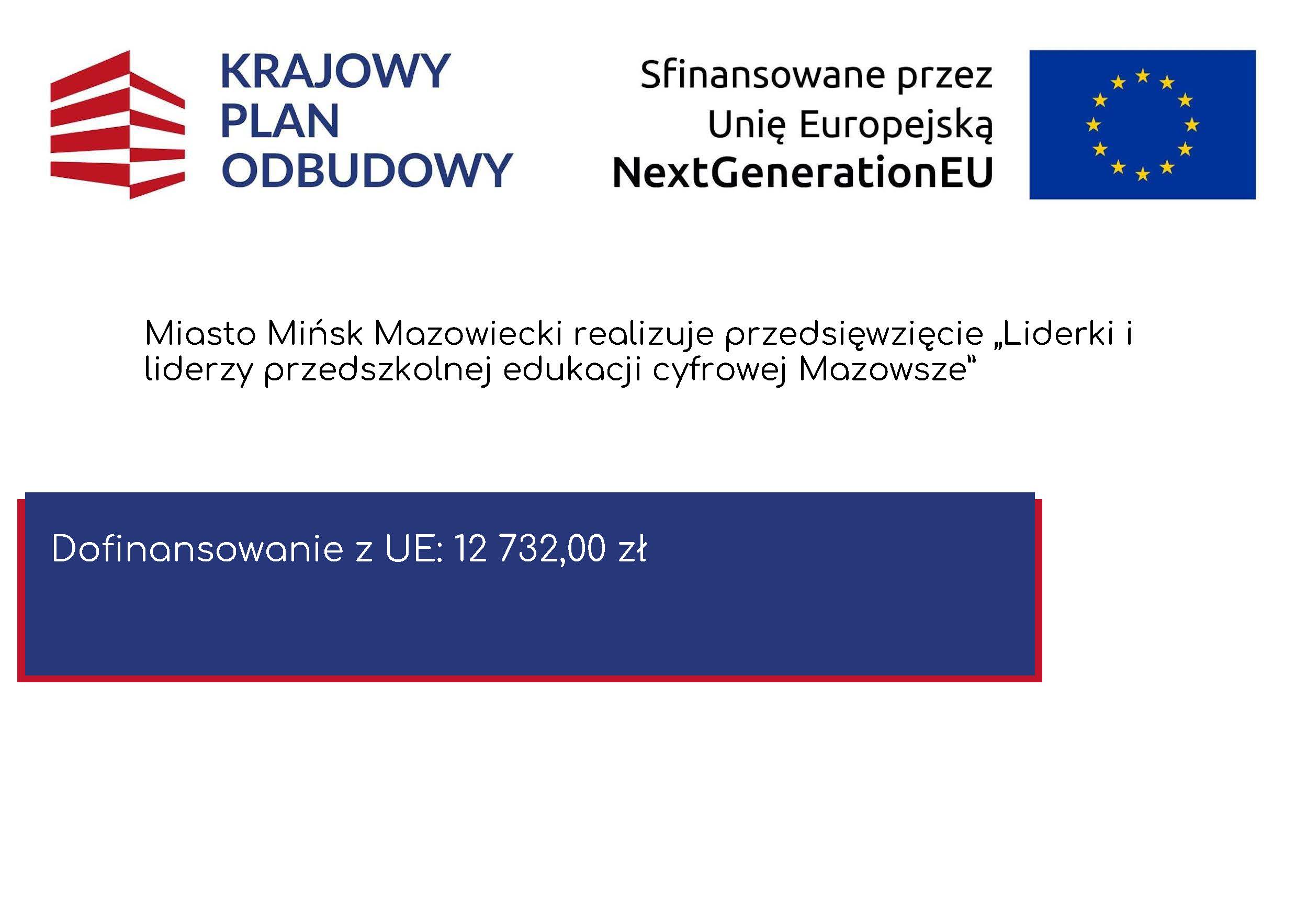 Kliknięcie powiększy obraz. Białe tło zawiera po lewej czerwony, stylizowany znak budynku z tekstem w trzech liniach, a po prawej granatowa flaga z żółtym okręgiem gwiazd i dodatkowy tekst informacyjny. Poniżej na środku znajduje się ciemnoniebieski prostokąt z białym napisem i cienką czerwoną obwódką.