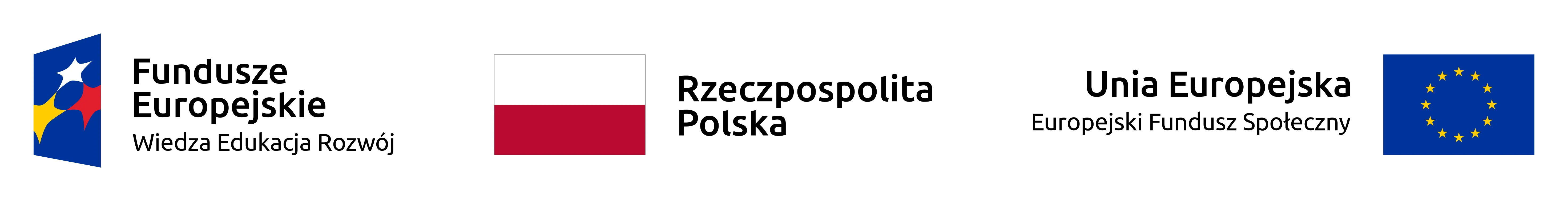 Logo Funduszy Europejskich z napisem „Wiedza Edukacja Rozwój”, flaga Polski z napisem „Rzeczpospolita Polska” oraz flaga Unii Europejskiej z napisem „Unia Europejska Europejski Fundusz Społeczny”.